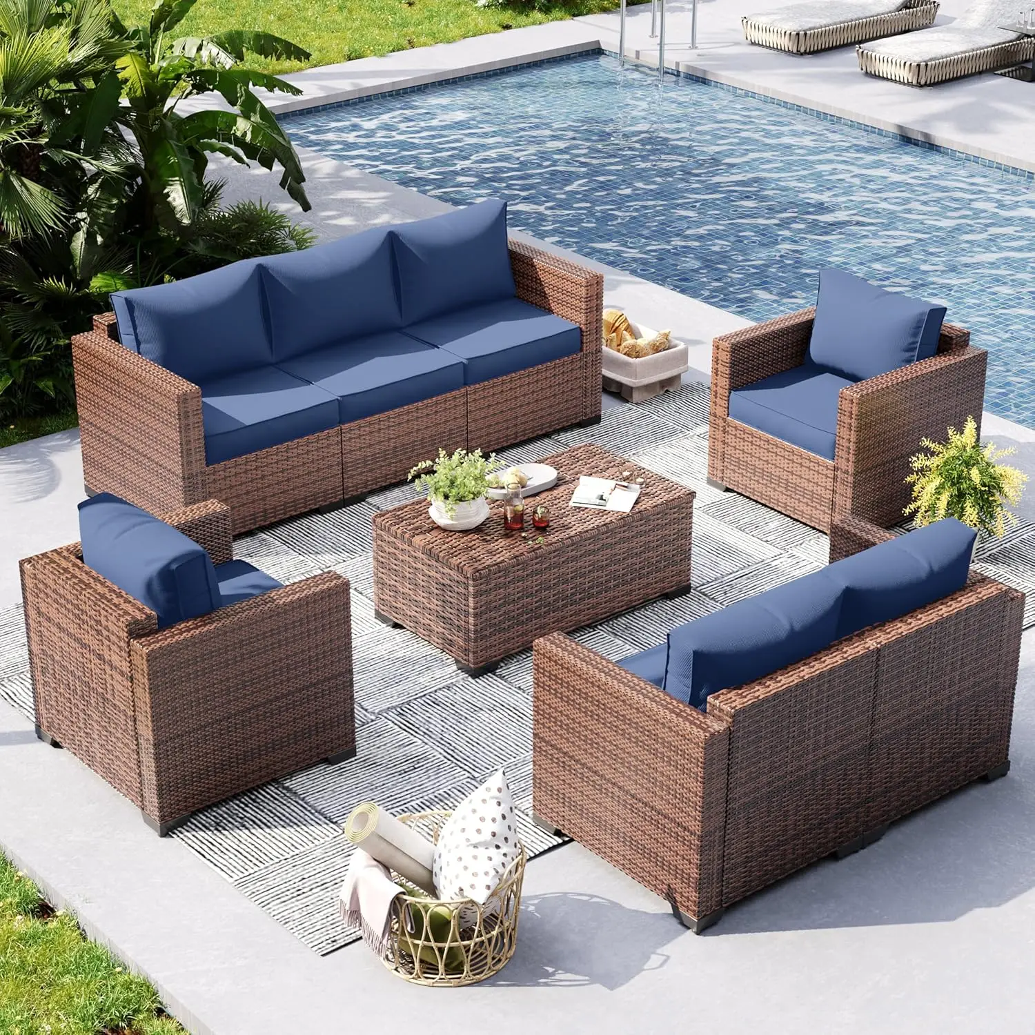 UDPATIO 5 Piece Outdoor Furniture Set, Oversized Armrest Patio Furniture Sets w/Storage Table No-Slip Cushions Furniture Covers