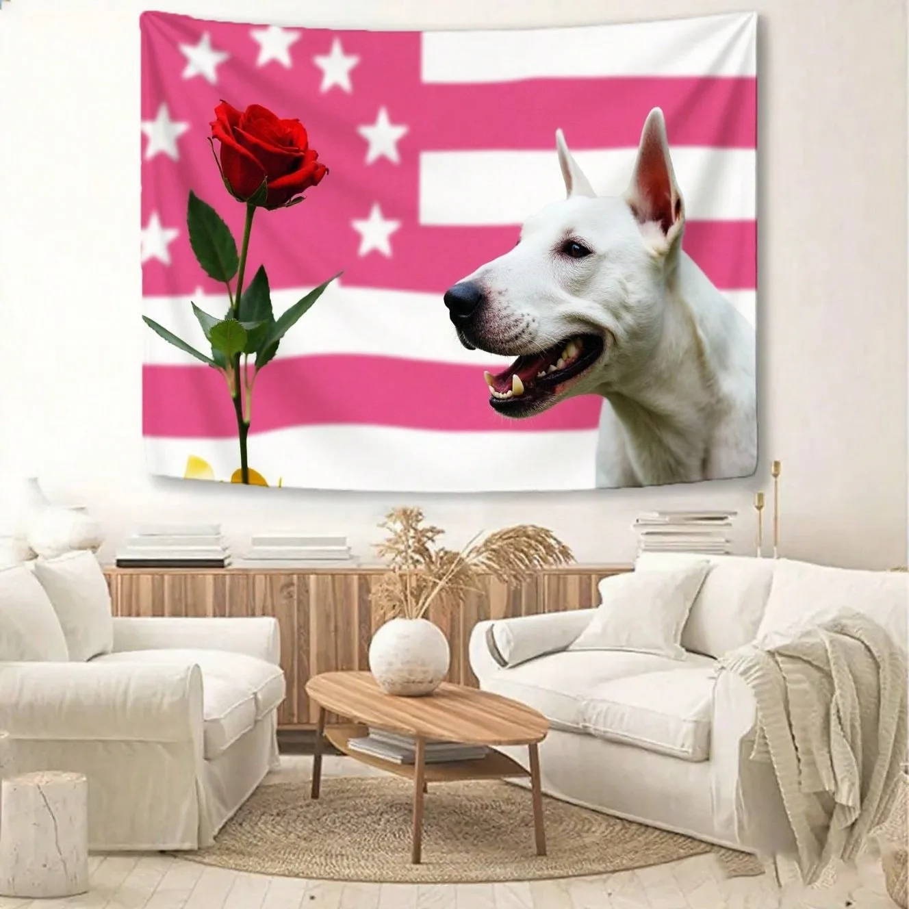 Patriotic Wall Hanging Tapestry of Roses and White Dogs American Flag Wall Hanging Cloth Dormitory Room Decoration Wallpaper Ban