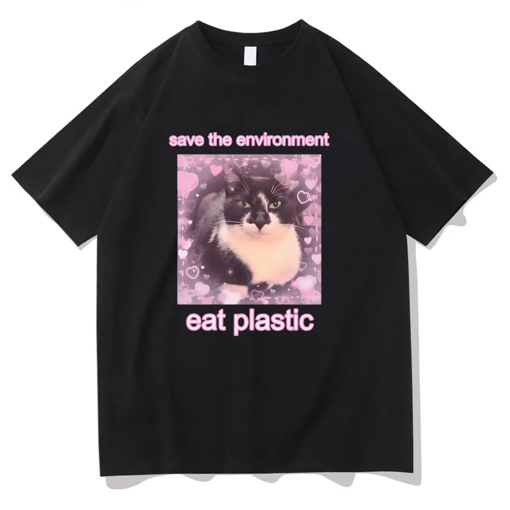 Save The Environment Eat Plastic Meme Cat T-shirts Short Sleeve Summer Cotton Tee-shirt Cartoon Graphic Tees Girls Women Tshirts