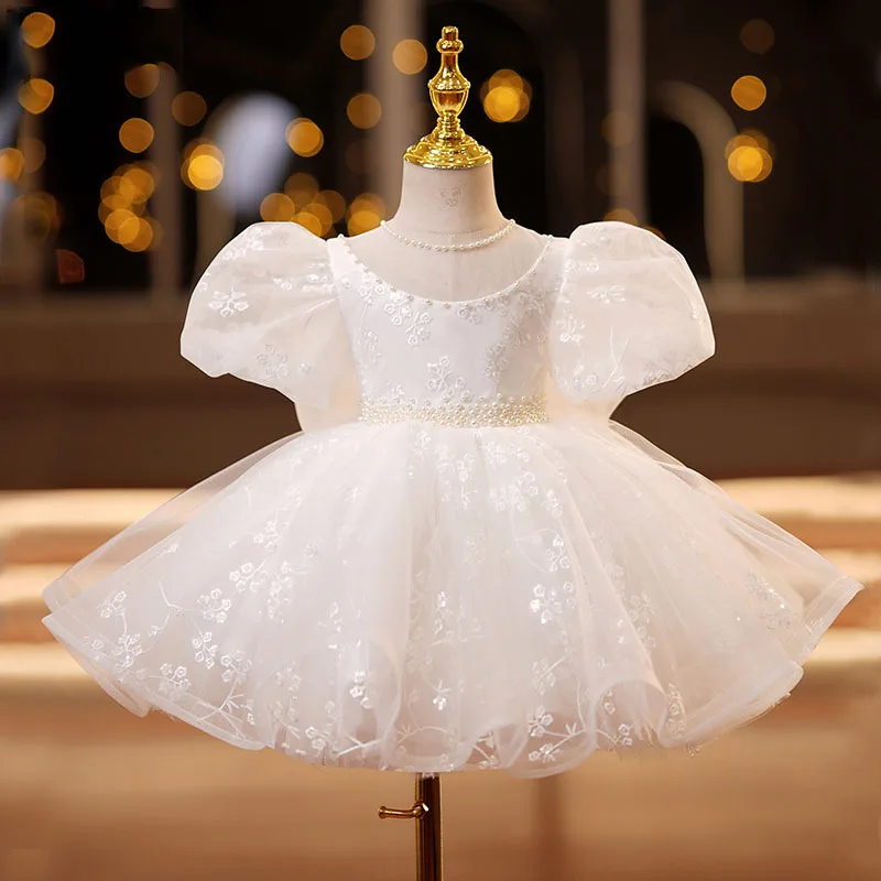 

Chridren's Princess Dress for 1-14 Year Old Flower Kid Wedding Elegant White Party Gown Baby Girl Piano Performance Dress Spring