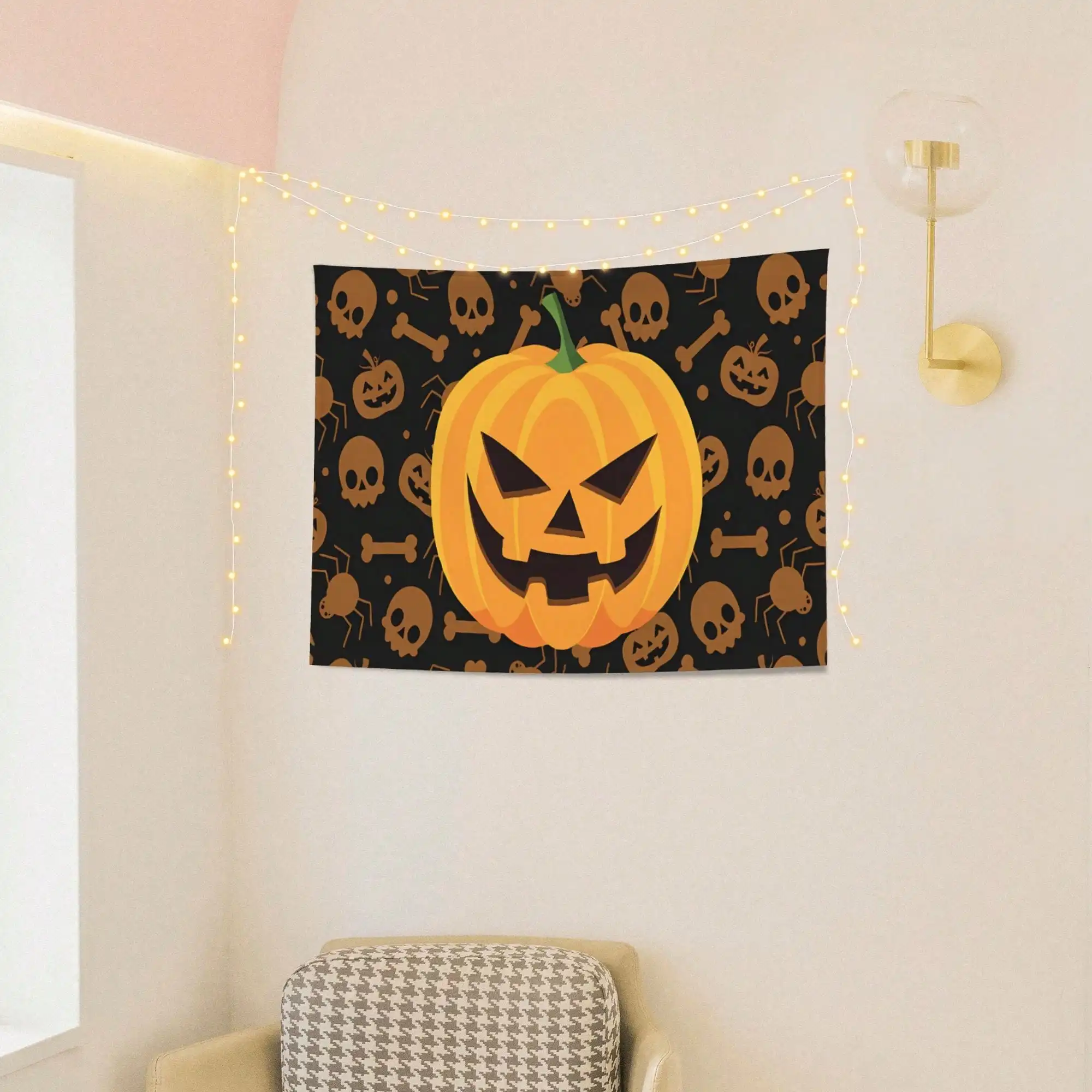 Halloween Pumpkin Skull Wall Hanging Tapestry, Spooky Jack-O-Lantern Horizontal Wall Decor For Home Party