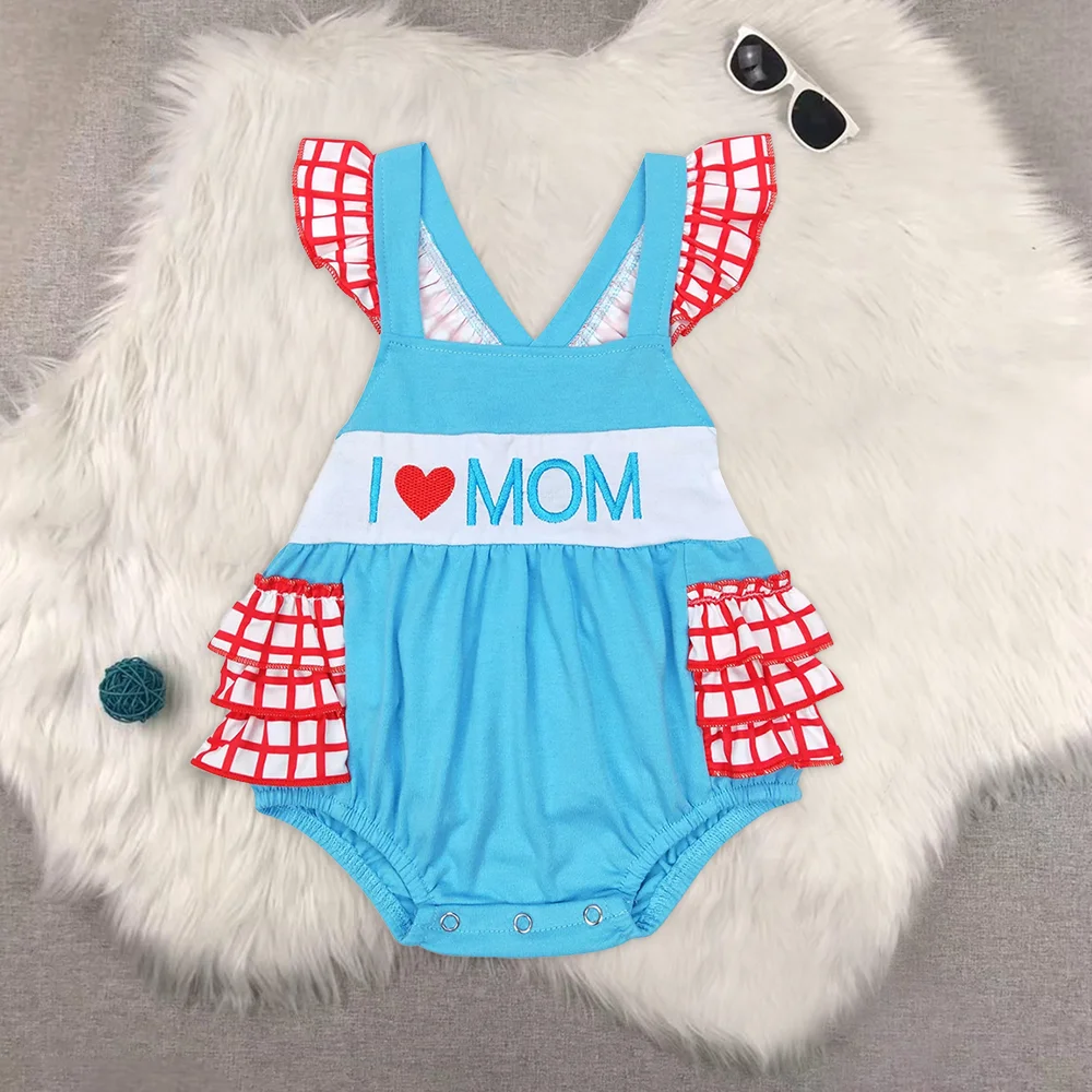 

Синие комбинезоны с рюшами и пузырьками для маленьких девочек I Love Mom