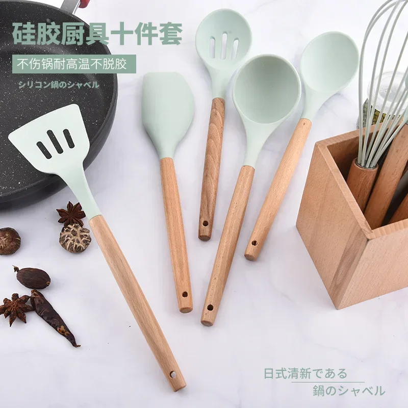 Fresh Blue Silica Gel Kitchenware Set Japanese Style Wooden Container Kitchenware 9 Piece Set Spatula Spoon Set