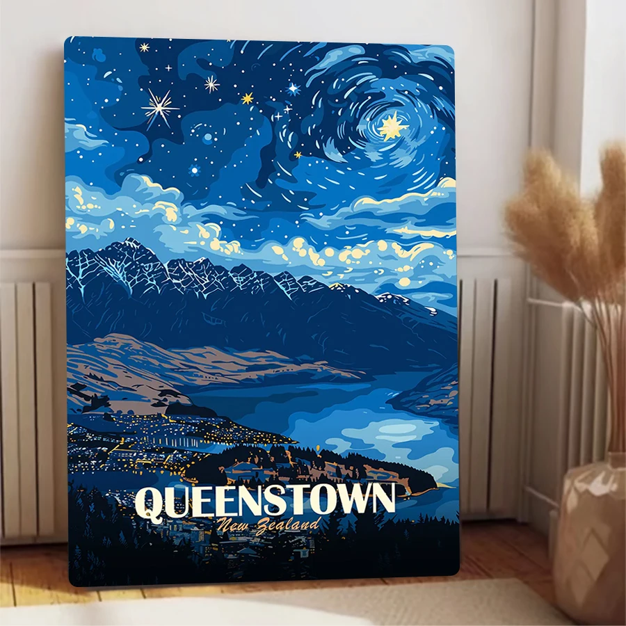 Queenstown نيوزيلندا ليلة مليئة بالنجوم الحديد اللوحة فان جوخ نمط المشهد جدار ديكور فني لغرفة المعيشة