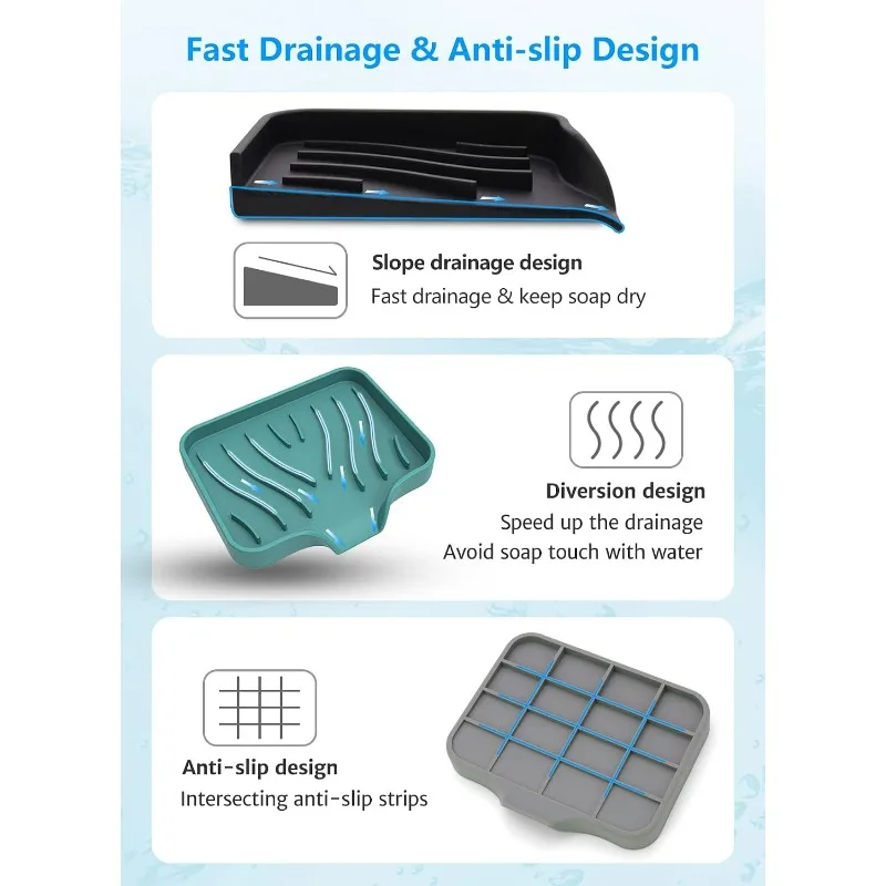 Silicone Soap Dish Self Draining Non-Slip Bar Soap Holder Waterfall Tray Keeps Soap Dry Easy To Clean for Shower & Kitchen