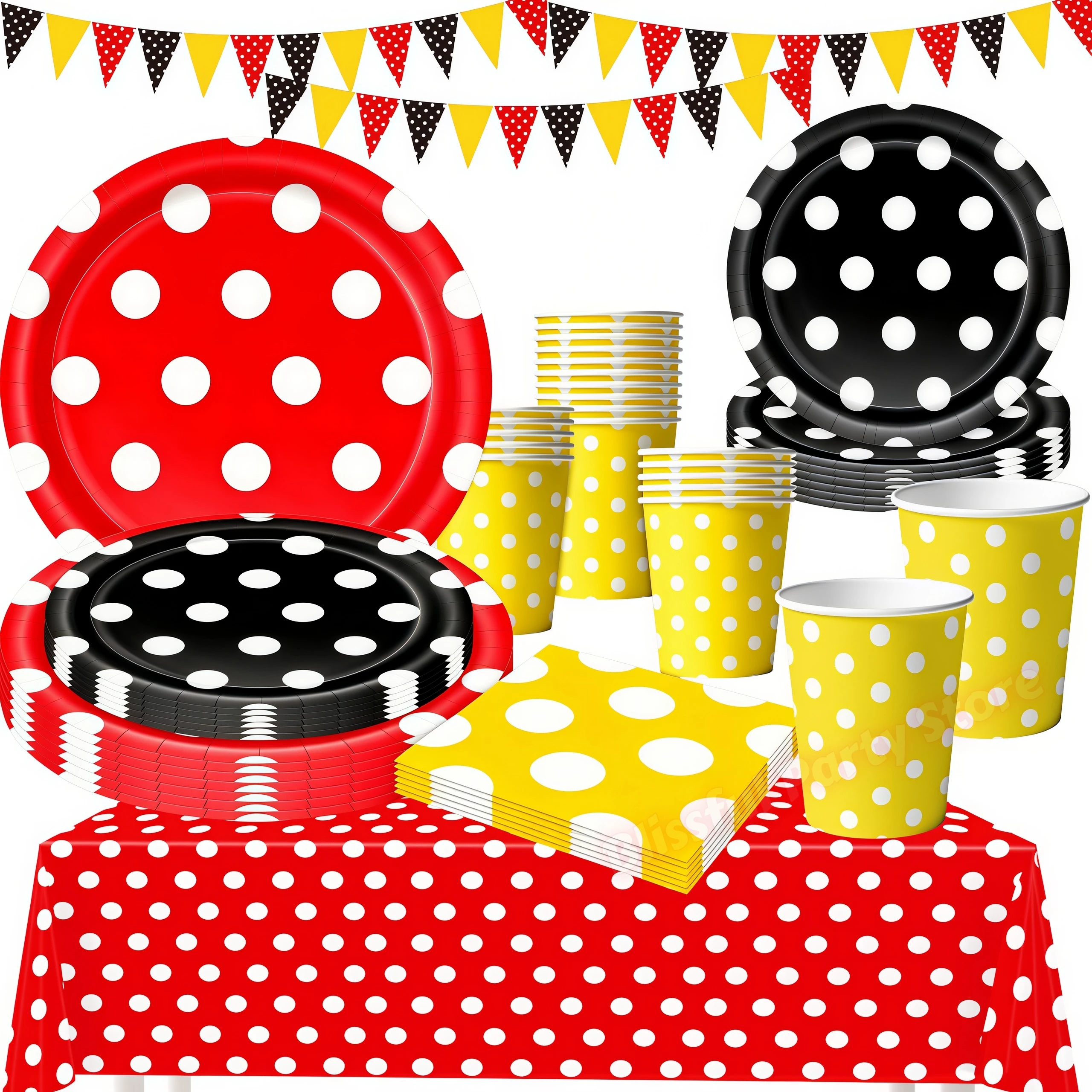 Ensemble de vaisselle coloré à pois pour fête d'anniversaire, comprenant gobelets, assiettes, serviettes et fanions, pour la décoration de baby shower et comme accessoire de décoration de fêtes