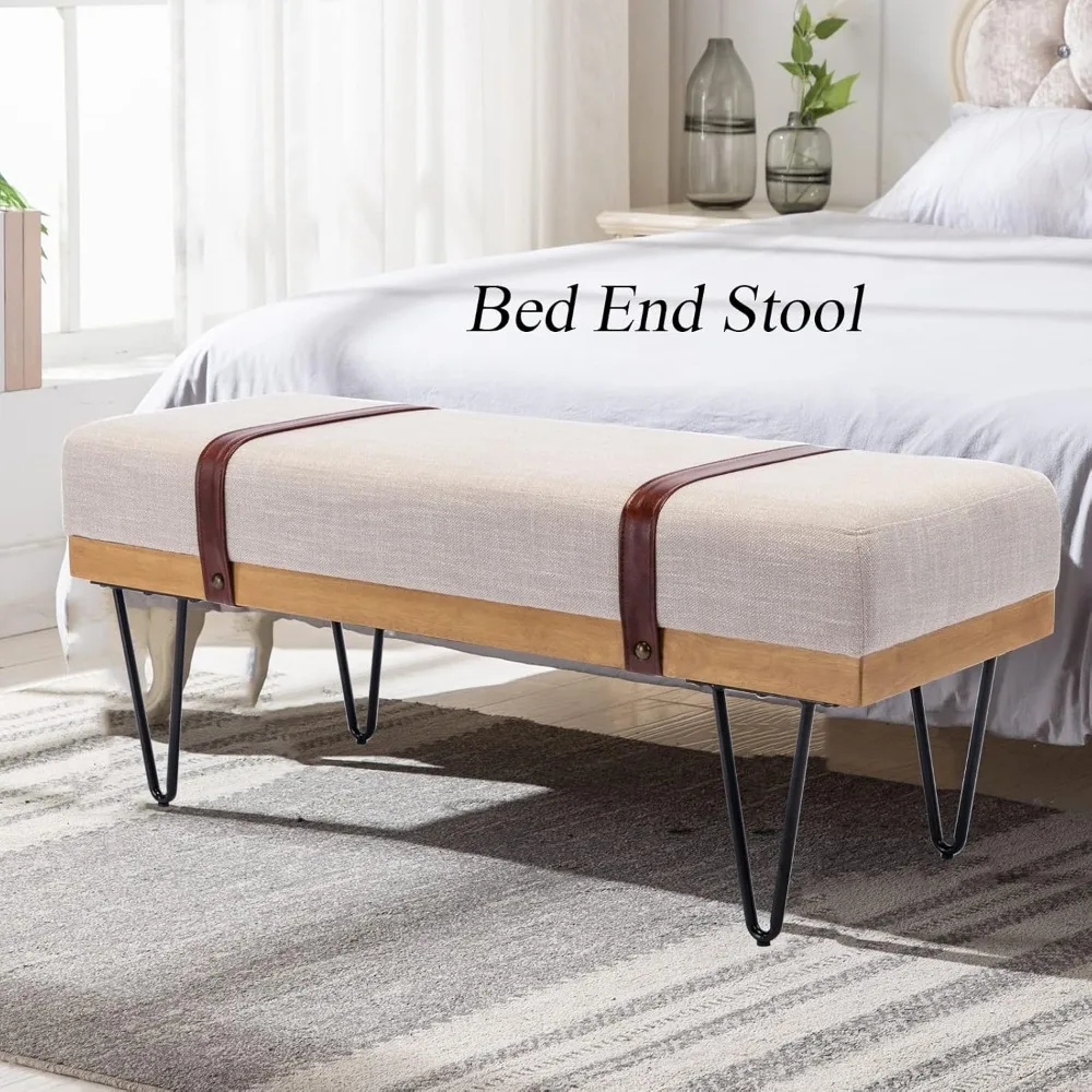 مقعد عثماني مستطيل من الكتان الصناعي الحديث مع حزام PU وأرجل معدنية، مقعد طاولة الطعام ومسند للقدمين ومقعد الأحذية #3