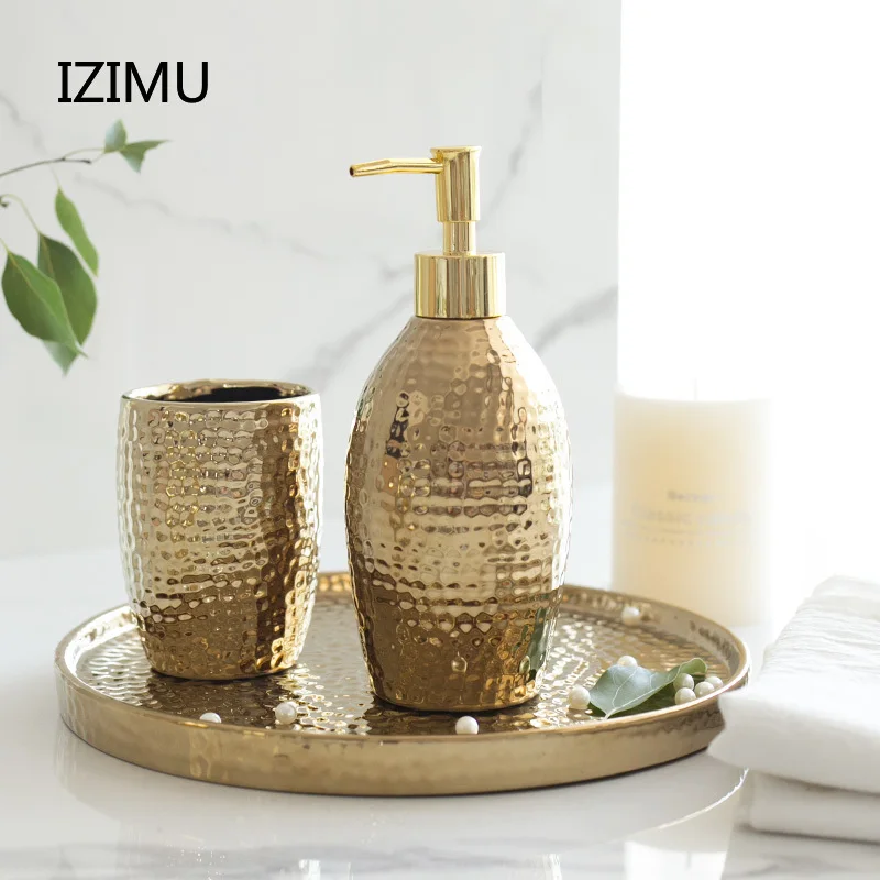 Ceramic Bathroom Accessories Set Gold silver Soap Dispenser Gargle Cup Soap Dish Home bathroom decor wash set Gold Finished