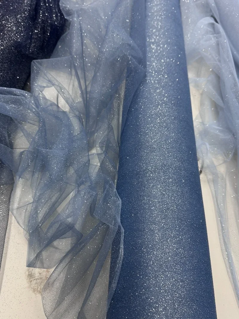 Light Blue Shimmer Tulle Fabric, Medium Stiffness Sparkle Mesh with Silver Spray Finish, Ideal for Puffy Skirts, Gowns & Wedding