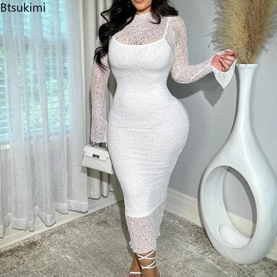 

Women's Spring Summer Long Sleeve Midi Dress Lace See Through O-neck Evening Sexy Slim Party Club 2PCS Lining Dresses Vestidos