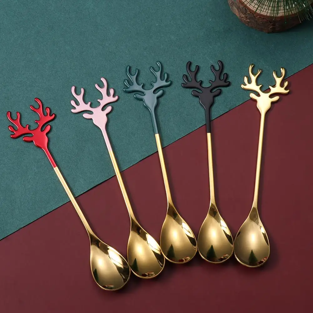 1PC Stainless Steel Xmas Antlers Spoons Christmas Deer Head Coffee Spoon Christmas Ice Cream Dessert Spoon Tea Scoop ﻿