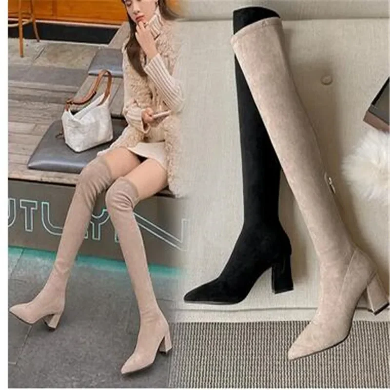 Sexy High Boots Women 2022 Winter New Fashion Over The Knee Warm Botas Mujer Suede Lace Up Pumps Sock Shoes High Heels Boots