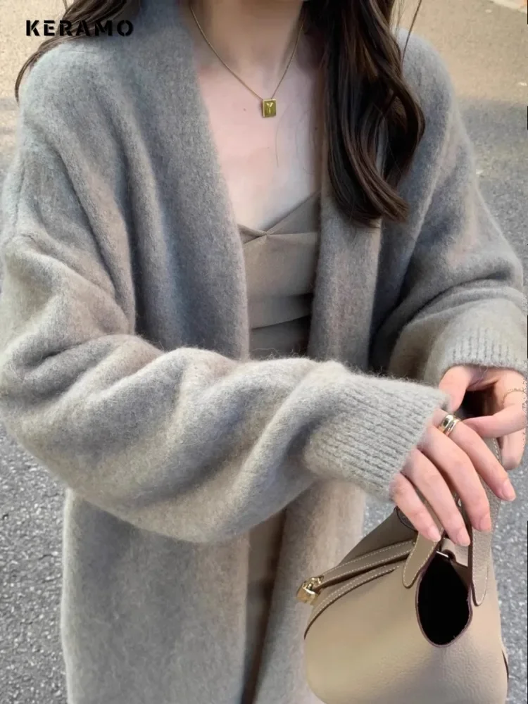 2024 Winter Fashion Casual Oversized Warm Simple Sweater Women Vintage Style Solid Color Knitting Long Sleeve X-long Cardigans