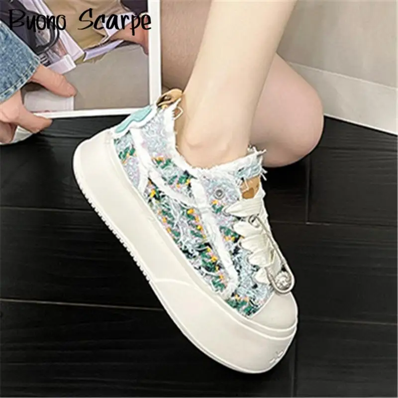 Chunky Heel Platfrom Women Canvas Sport Shoes Fashion Designer Metal Decoration Casual Trainers Increasing Runway Sneakers Lady