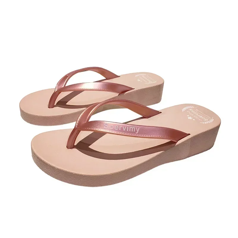 Fashion Casual Women Flip Flops Wedges Casual Shinny Beach 3.5 Cm Height PVC Solid Color Summer Outside Slippers Soft Shoes