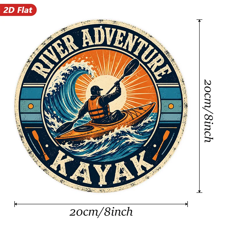 CIFBUY Retro 2D Round Aluminum Wall Art Waterproof Outdoor River Kayak Wave Decor for Home Office Study