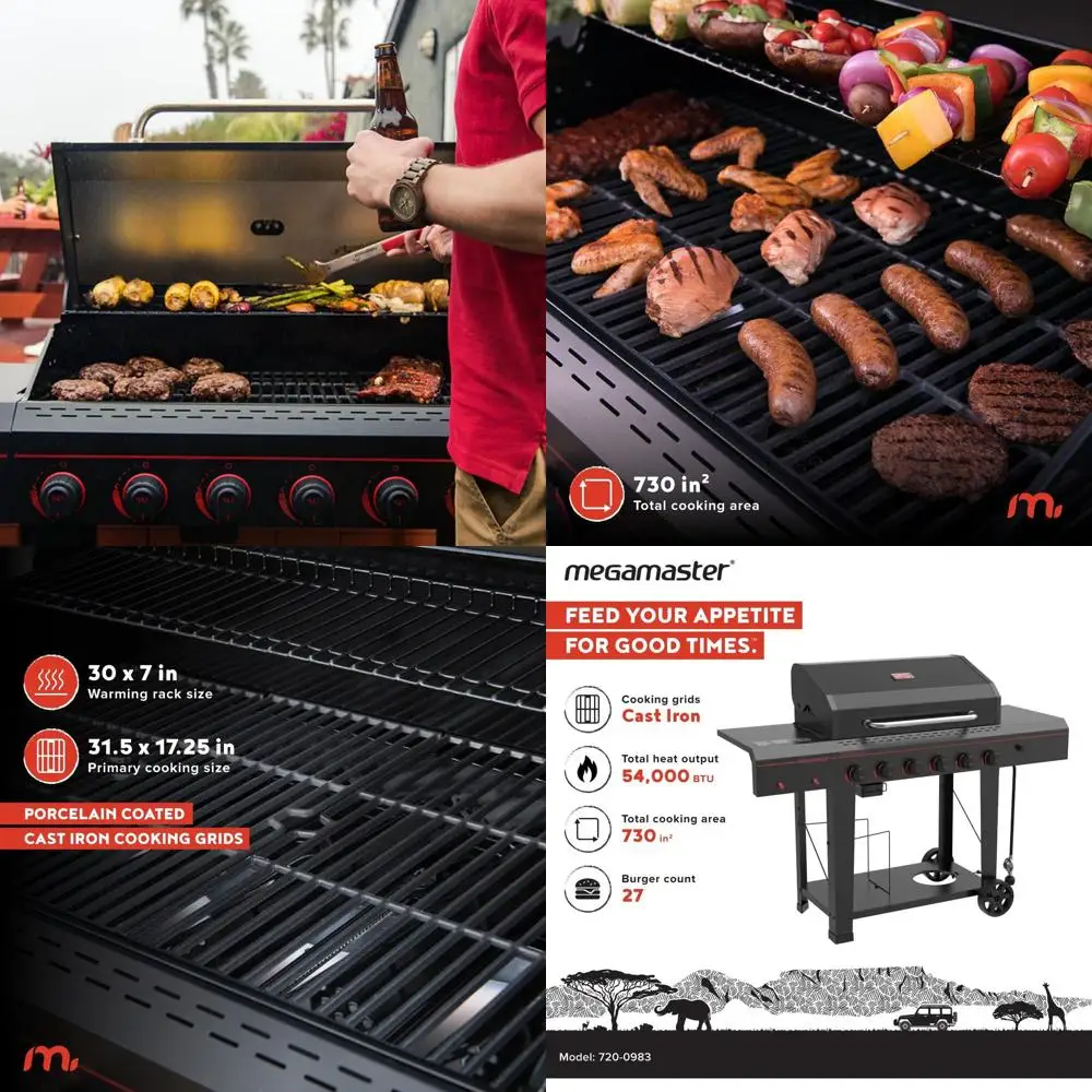 

Портативный 6-луночный пропановый гриль с приставными столиками и крючками для приготовления пищи на открытом воздухе, кемпинга, патио и сада черного цвета