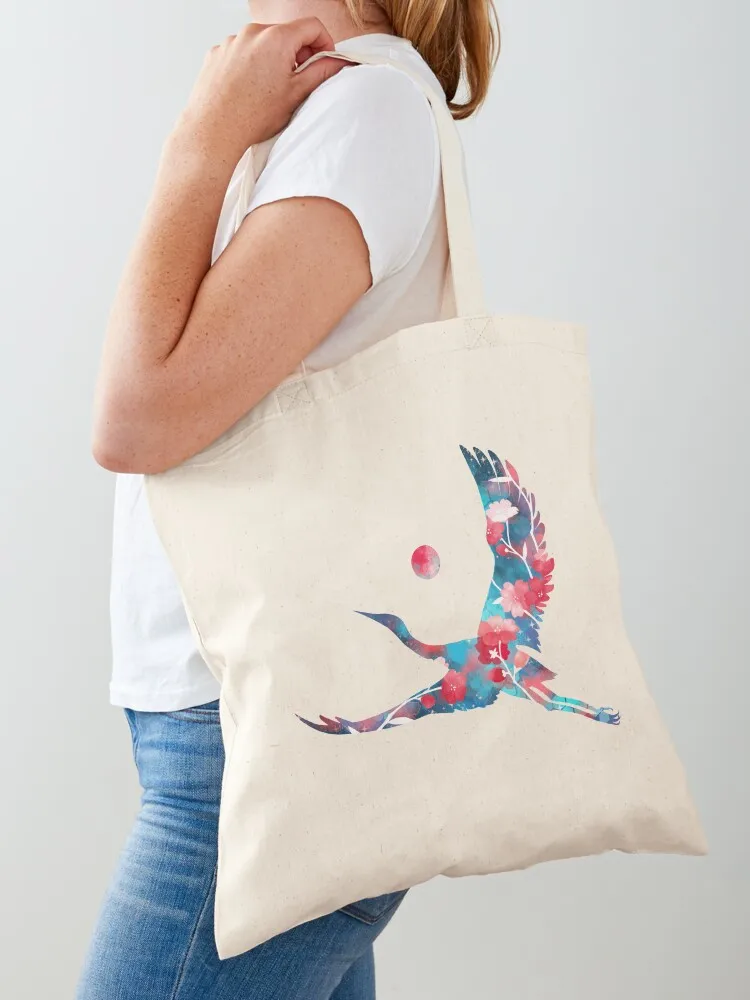 Japanese Crane Sakura Aesthetic (on black) Tote Bag tote bag women Reusable bags shoping bag