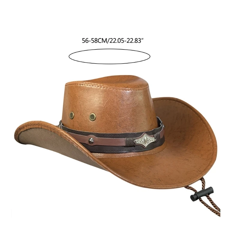 Adult Punk Cowboy Hat Large Brim Hat Rolled Brim Fedoras PU Leather Cowboy Hat with Adjustable Chin Rope