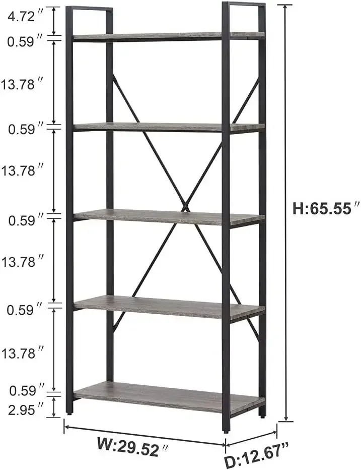 AUGURE Industrial Bookshelf, Etagere Bookcases and Book Shelves 5 Tier, Rustic Wood and Metal Shelving Unit (Dark Gray Oak)