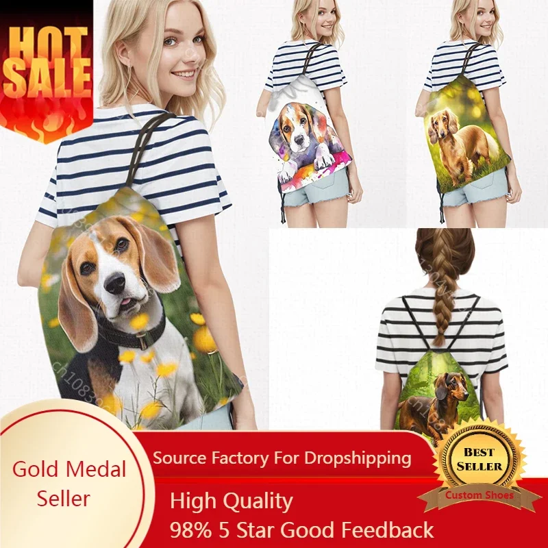 

Cute Beagle Dog Print Drawstring Bag Dachshund Puppy Women Backpack for Travel Portable Storage Bag Book Bag Shoe Holder