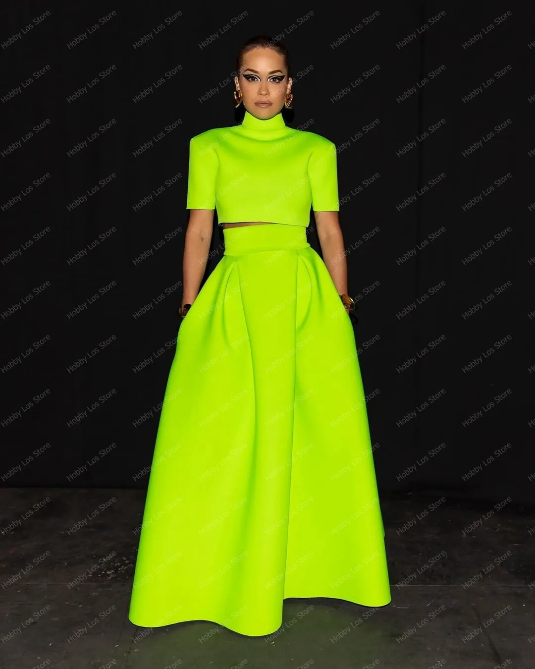 Imagem -06 - Saia Verde Fluorescente para Mulheres Conjunto de Duas Peças Baile Personalizado Cintura de Zíper Alto Saias de Celebridades Tapete Vermelho do Casamento