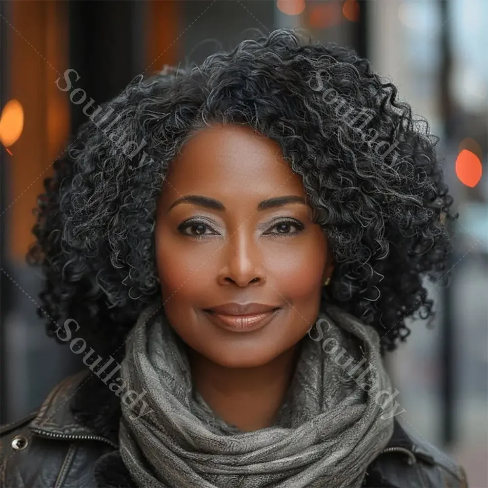 

Shestina Dark Salt and Pepper Jerry Curly Human Hair With Less Gray Wigs 5x5 4x4 HD Lace Wigs Custom Women's Elegant Hairstyle
