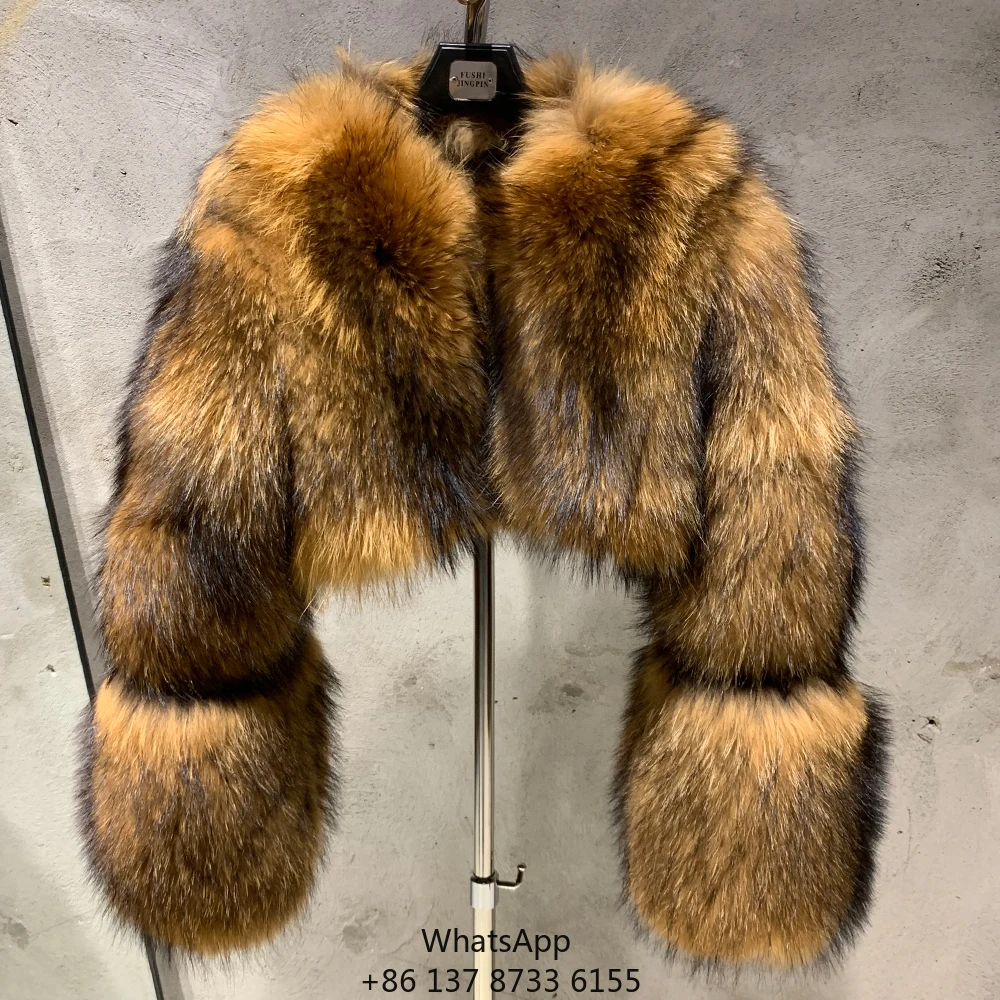 

Cropped Long Sleeve Fur Jacket Genuine Fluffy Fox Fur Coat Women Short Bomber Coat