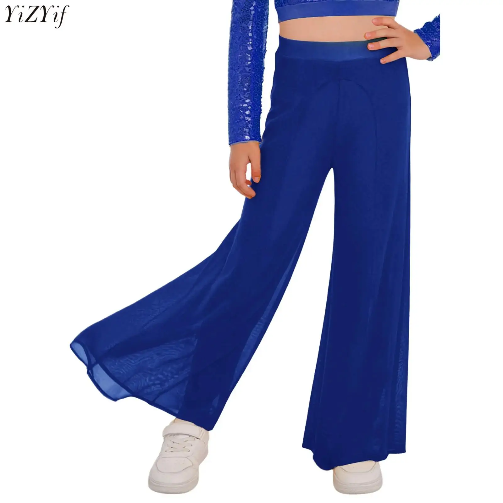 

Kids Girls Lyrical Dance Pants Elastic Waist Wide-Leg Mesh Pants with Built-in Briefs for Modern Jazz Performance Competition