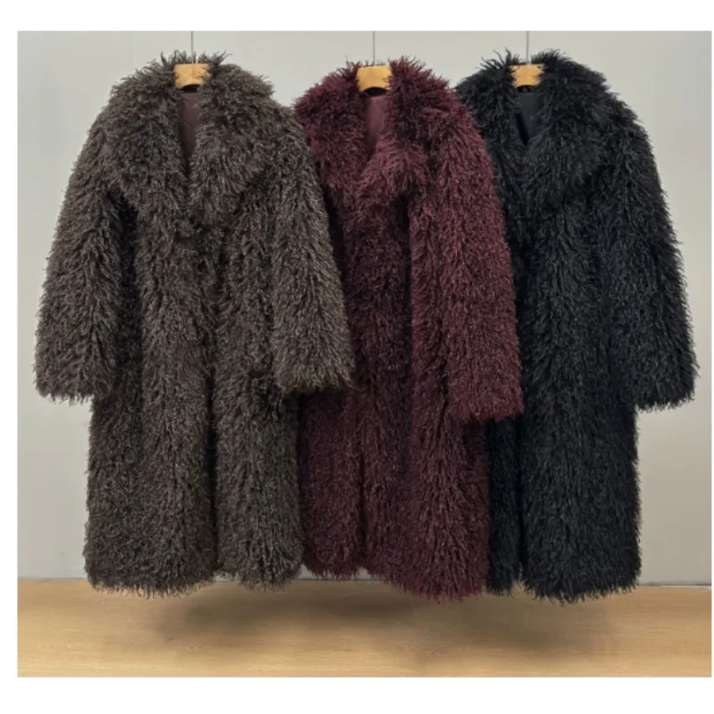 معطف طويل من الفرو الصناعي لعام 2026 ملابس خارجية دافئة على طراز الركبة معطف أبيض سميك أنيق معطف فرو توكا صديق للبيئة