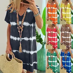 Women'S V-Neck Tie Dyed Short Sleeved Dress Vestidos Elegantes Feminino Para Festas 2024 летнее платье женское جديد في الفساتين