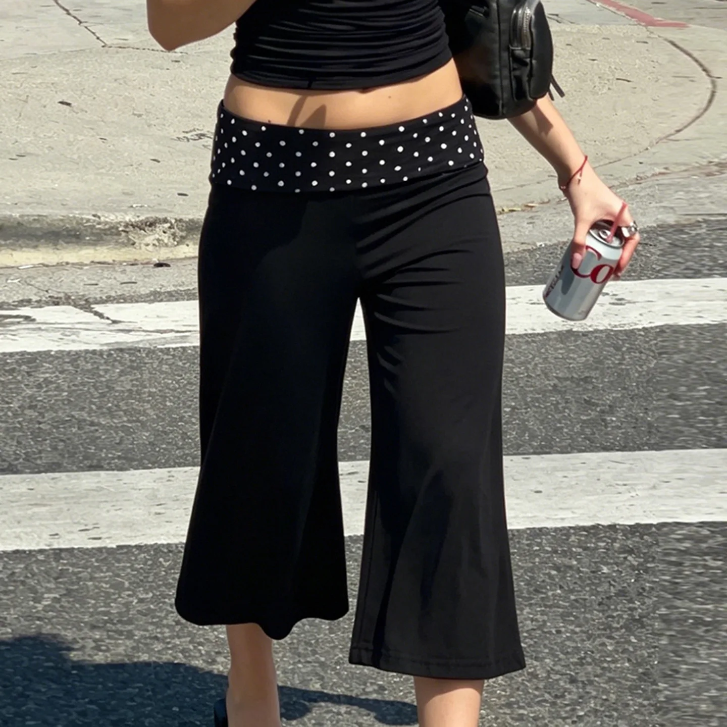 Fashionable High Waist Wide Leg Casual Pants Color Block Street Style Retro Y2K Seven Tenths Length Polyester Fiber
