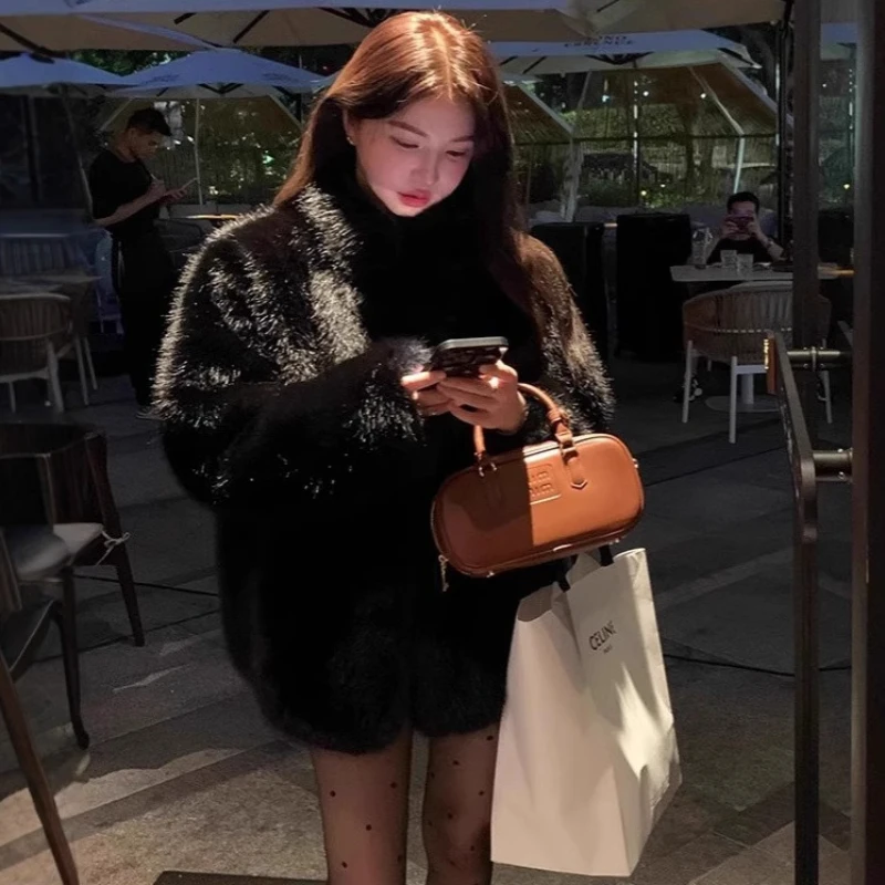 2026 Women Faux Foxl Fur Coat Short Jacket Solid Stand Collar Long Sleeve Covered Button Thick Straight Fit Casual Autumn Winter
