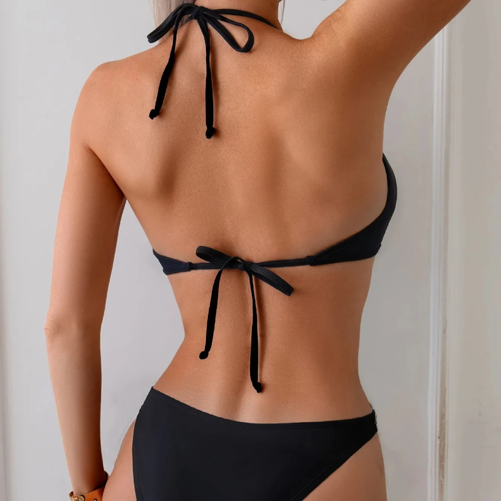 2000er Jahre Trend Frühling Sommer The Spice Girls Sexualität Bikini Badeanzug Ring Schnalle Hohl Design Hosenträger Zurück Krawatte Schwarz Bodys