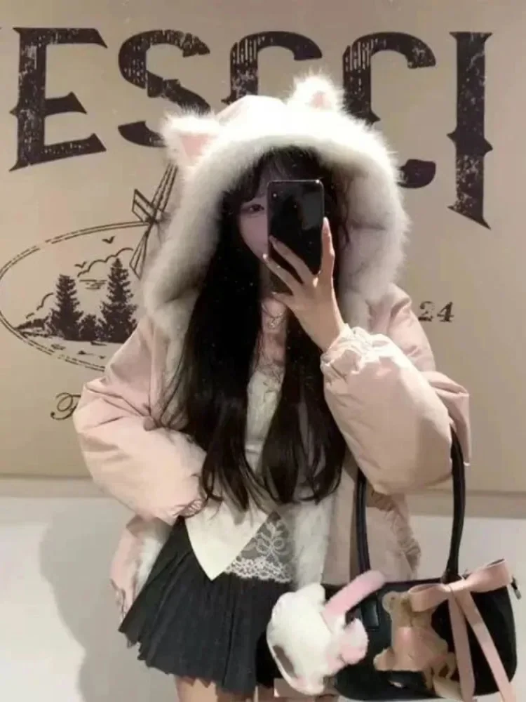 

Korean Sweet Pink Hoodie Sweatshirts Winter Thicked Warm Women's Y2k Clothes Jackets 2025 Fashion Parkas Subcultural Coat