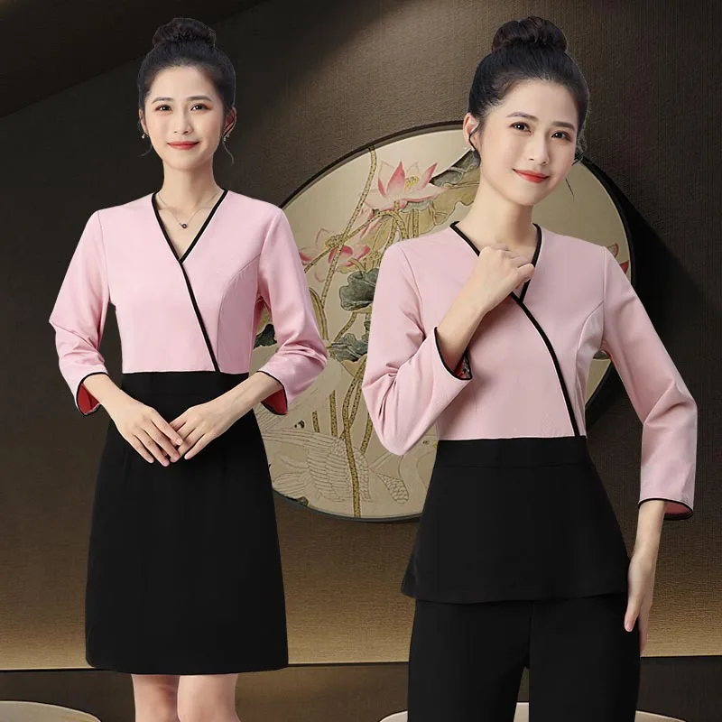 2024 Beauty Salon Spa Female Work Clothing Hotel Reception Work Clothes  Uniform Sauna Foot Bath Uniforms Salon Uniforms S-3XL