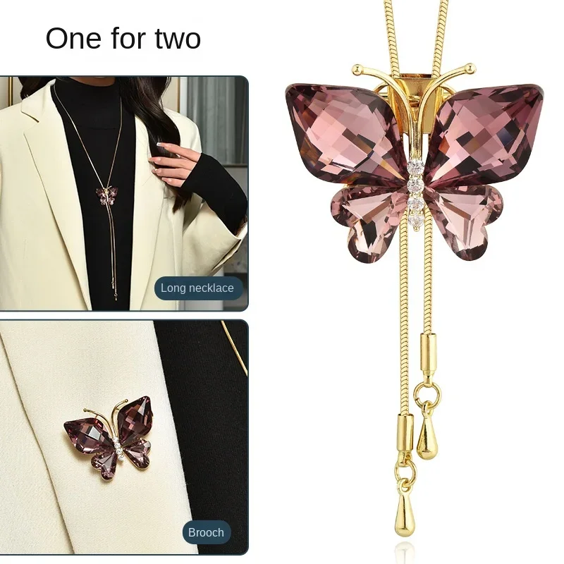 2024 New Crystal Butterfly Long Chain Tassel Sweater Necklace Brooch for Women Fashion Jewelry Gifts Two Ways To Wear