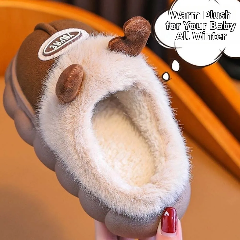 Waterproof Upper Kids Winter Slippers Anti Slip Lightweight Sole Toddler Cotton Shoes Cozy Fit Cute Design Cartoon Plush Mules