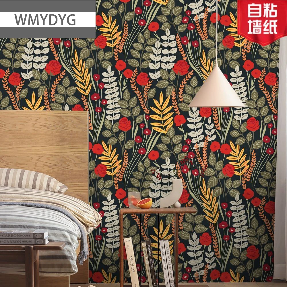 Peel and Stick Floral Wallpaper Red Rose Botanical Leaf Print Wall Sticker Vinyl Wall Covering for Bedroom Nursery Home Decor
