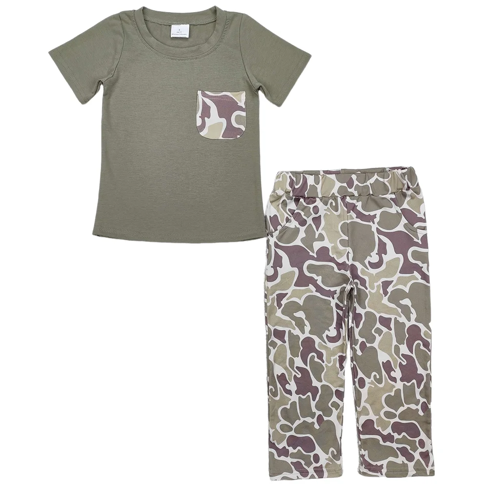 

New Fashion Kids Designer Clothes Boys Green Short Sleeve Pocket Top Camouflage Pants Sets Baby Boys Clothes Outfits Boutique