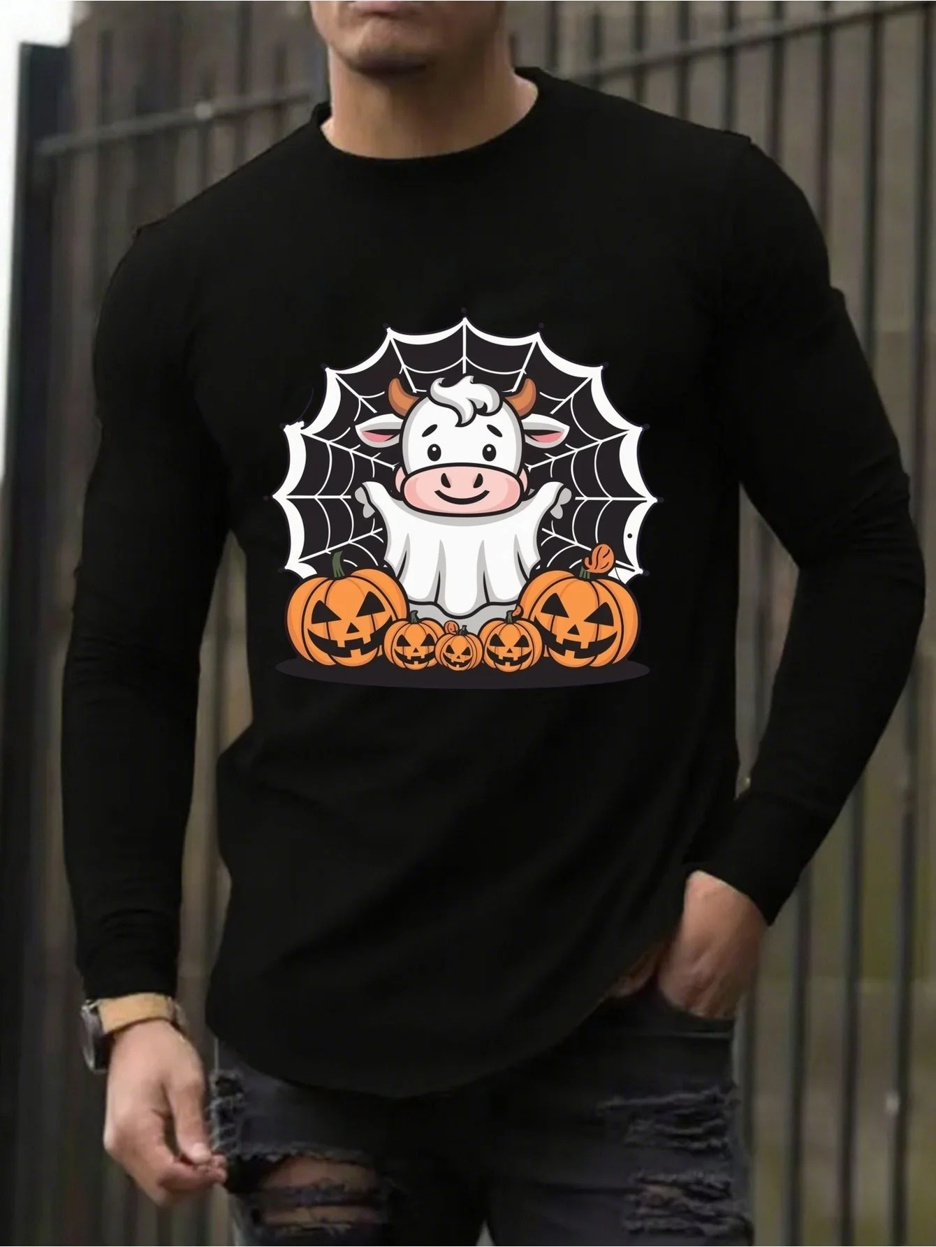 Men's Crew Neck Long-Sleeve Top, Halloween Cow Print, Slight Stretch, Fall-Winter Wear