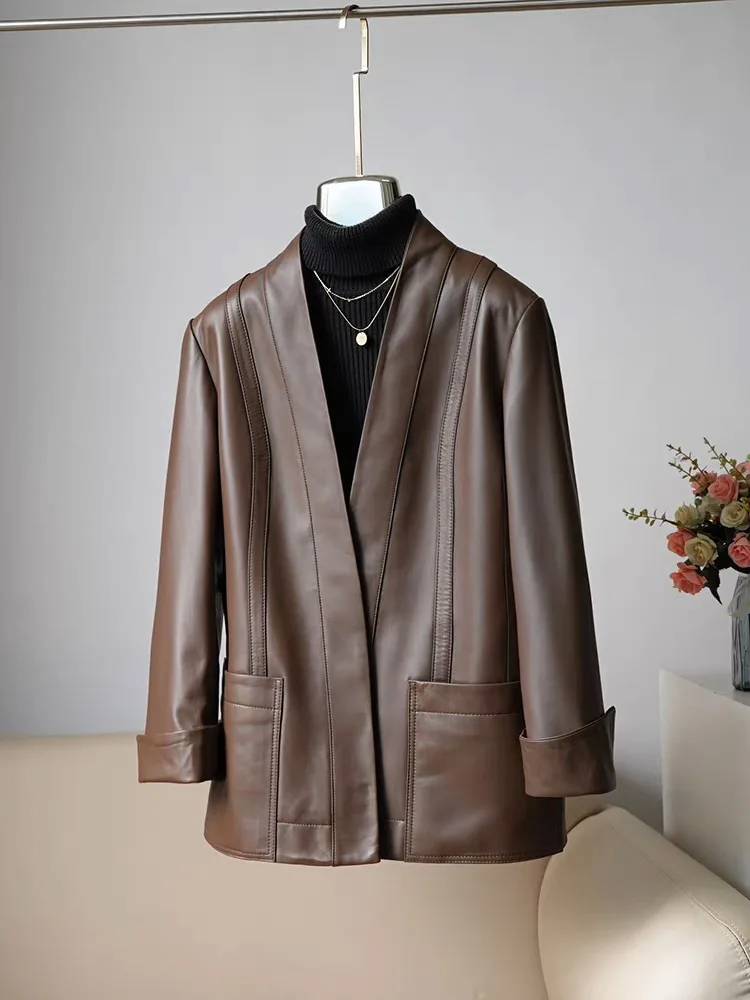 ملابس مستوردة من جلد الغنم أوشحة جلدية حقيقية سترة نسائية برقبة على شكل حرف v سترة طويلة متوسطة غير رسمية مع وشاح Abrigo Mujer