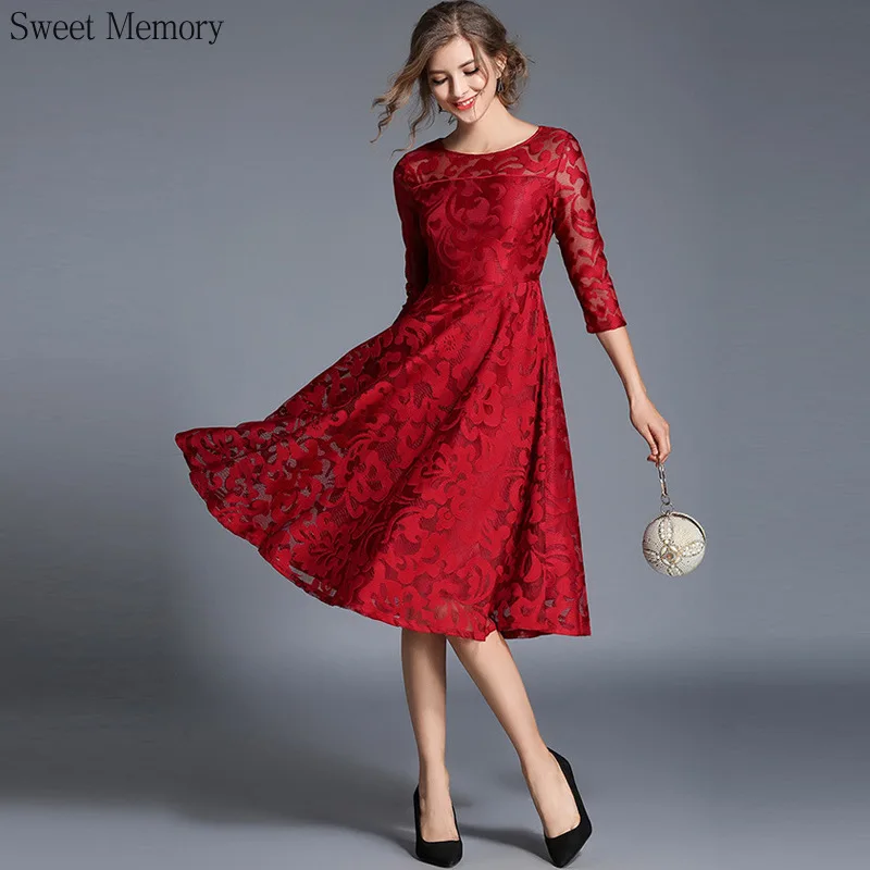 Vestido de renda fino para a mãe da noiva, vestidos femininos com o pescoço, vestido vermelho para meninas, plus size, S970, primavera e outono