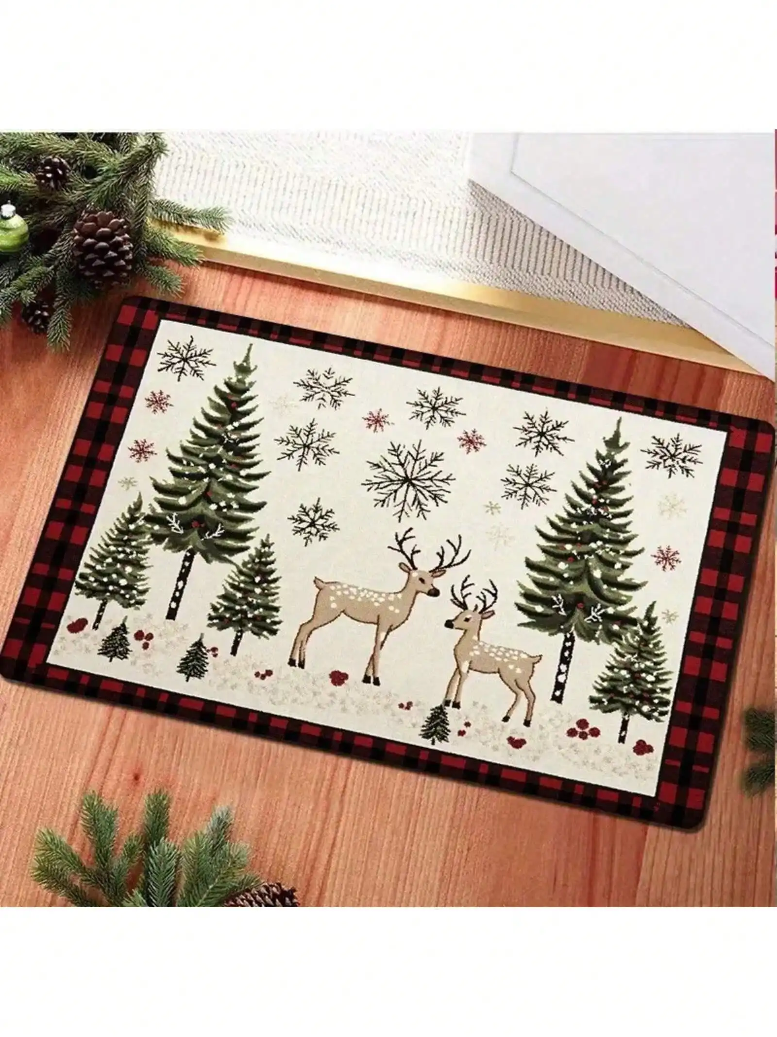 Doormat Non- Washable Low Pile Polyester Floor With Reindeer & Tree Print Entryway, Living Room, Bedroom, Kitchen, Made Festive Holiday Rug - Washable