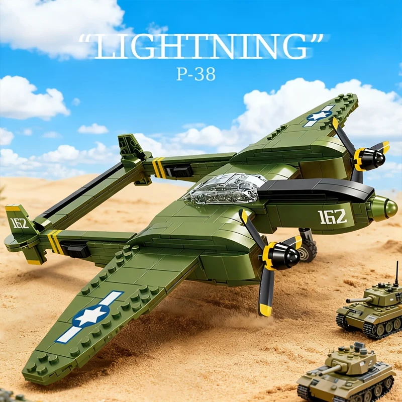 640PCS Military Series US P-38 Twin Propeller Fighter Building Block Set, DIY Ornament & Collectible, Holiday Gift