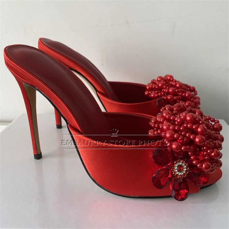 Beads Flower Embellished Modern Sandals Women 10cm Stiletto Heel Slingbacks Luxury Satin Summer Mules