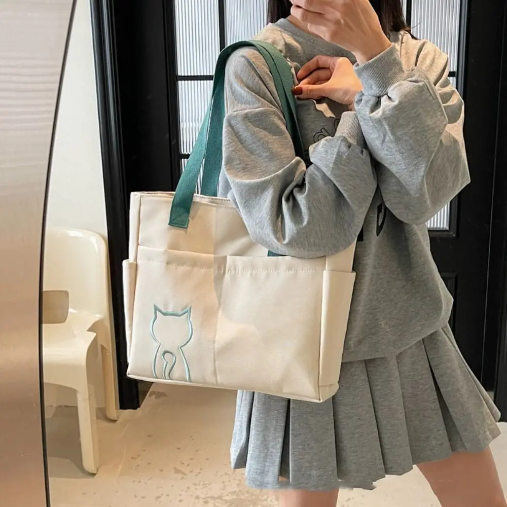 

Casual Nylon Tote Bag Multi-Pocket Embroidery Cat Lightweight Eco Bag Large Capacity Korean Style Nylon Shoulder Bag Women