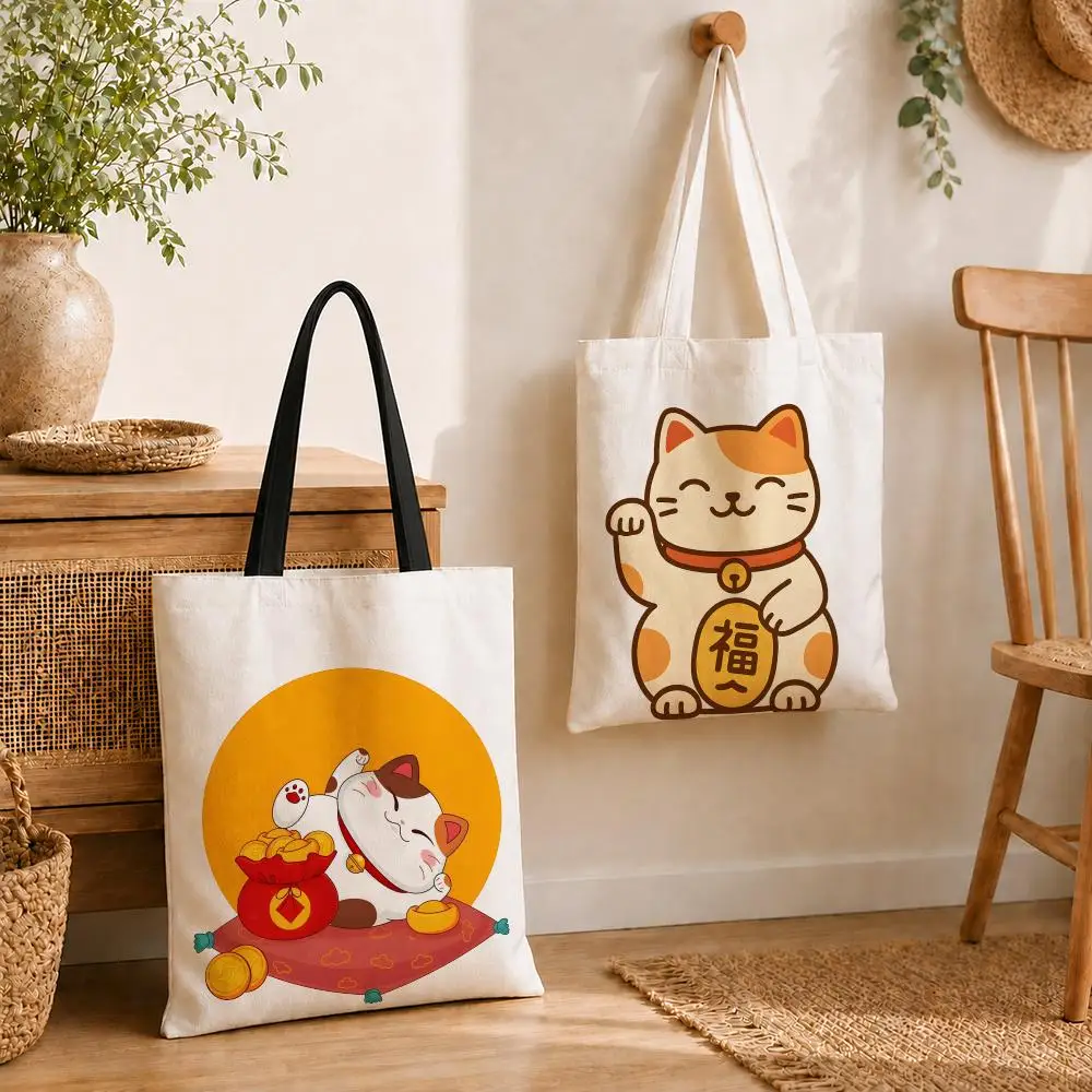 Character Lucky Cat Storage Bags Reusable Fashion Aesthetic Unique Shopping Bag Large Capacity Canvas Tote Bag
