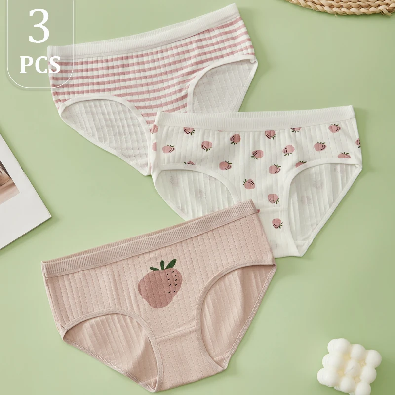 3PCS Baumwolle Bequeme frauen Höschen Nette Drucken Süße Dame Briefs Frische Unterhosen Frauen Mittlere Taille Student Shorts S-XL