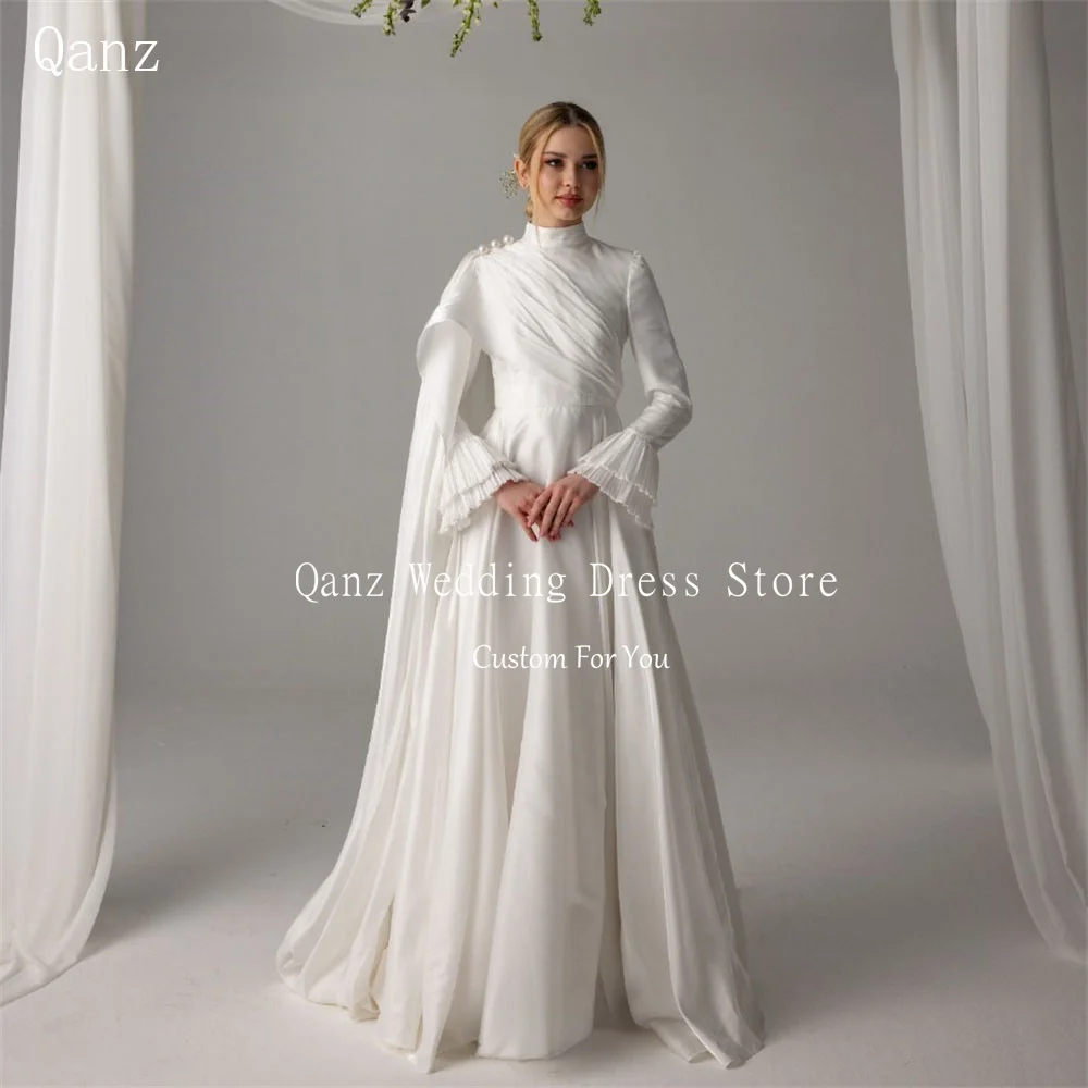 Qanz Muslim Wedding Dresses High Neck Satin Pearls Arabic Bridal Gowns with Shawl Long Sleeves Vestido De Noiva Customized